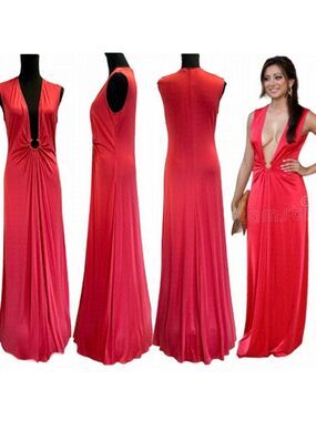 BCBGMAXAZRIA coral pink deep V plunging neckline sleeveless maxi dress gown M
